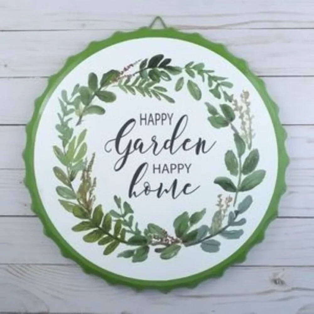 Metal Sign Happy Garden Happy Home Green Wreath Round